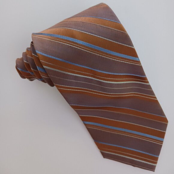 Apt 9 Mens Silk Tie Brown Gold Blue White with Silver Striped Pattern 3.5 X 61 - Picture 1 of 6